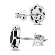 Large Black Onyx Flower Stud Silver Earrings, e334